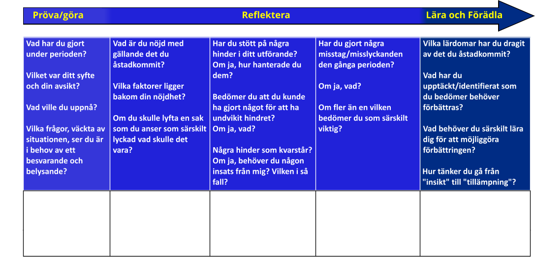 Vad har du gjort under perioden?  Vilket var ditt syfte och din avsikt?  Vad ville du uppnå?  Vilka frågor, väckta av situationen, ser du är i behov av ett besvarande och belysande?  Vad är du nöjd med gällande det du åstadkommit?  Vilka faktorer ligger bakom din nöjdhet?  Om du skulle lyfta en sak som du anser som särskilt lyckad vad skulle det vara? Har du stött på några hinder i ditt utförande? Om ja, hur hanterade du dem?  Bedömer du att du kunde ha gjort något för att ha undvikit hindret? Om ja, vad?  Några hinder som kvarstår? Om ja, behöver du någon insats från mig? Vilken i så fall? Har du gjort några misstag/misslyckanden den gånga perioden?  Om ja, vad?   Om fler än en vilken bedömer du som särskilt viktig? Vilka lärdomar har du dragit av det du åstadkommit?  Vad har du upptäckt/identifierat som du bedömer behöver förbättras?  Vad behöver du särskilt lära dig för att möjliggöra förbättringen?   Hur tänker du gå från     "insikt" till "tillämpning"? Medarbetarens anteckningar Utforskande frågeställningar        Pröva/göra Reflektera Lära och Förädla