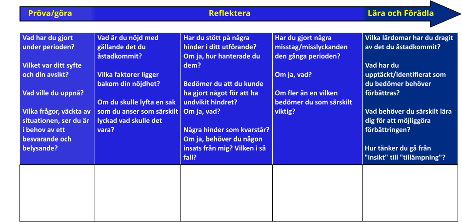 Vad har du gjort under perioden?  Vilket var ditt syfte och din avsikt?  Vad ville du uppnå?  Vilka frågor, väckta av situationen, ser du är i behov av ett besvarande och belysande?  Vad är du nöjd med gällande det du åstadkommit?  Vilka faktorer ligger bakom din nöjdhet?  Om du skulle lyfta en sak som du anser som särskilt lyckad vad skulle det vara? Har du stött på några hinder i ditt utförande? Om ja, hur hanterade du dem?  Bedömer du att du kunde ha gjort något för att ha undvikit hindret? Om ja, vad?  Några hinder som kvarstår? Om ja, behöver du någon insats från mig? Vilken i så fall? Har du gjort några misstag/misslyckanden den gånga perioden?  Om ja, vad?   Om fler än en vilken bedömer du som särskilt viktig? Vilka lärdomar har du dragit av det du åstadkommit?  Vad har du upptäckt/identifierat som du bedömer behöver förbättras?  Vad behöver du särskilt lära dig för att möjliggöra förbättringen?   Hur tänker du gå från     "insikt" till "tillämpning"? Medarbetarens anteckningar Utforskande frågeställningar        Pröva/göra Reflektera Lära och Förädla