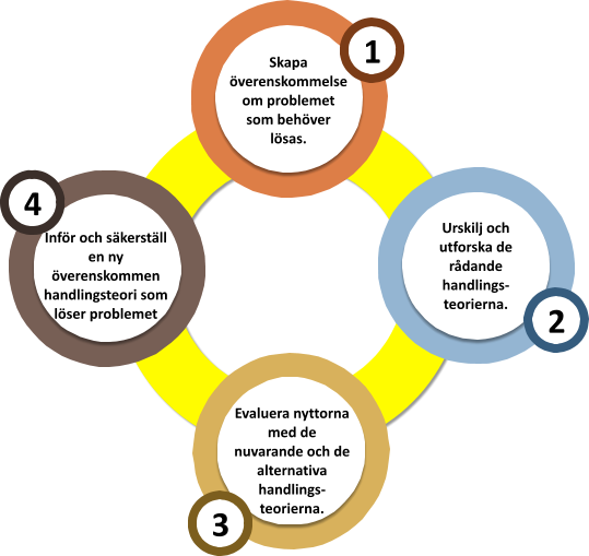 Det undersökande tillvägagångssättet  Skapa överenskommelse om problemet som behöver lösas.  1 Urskilj och utforska de rådande handlings-teorierna.  2 Evaluera nyttorna med de nuvarande och de alternativa handlings-teorierna.  3 Inför och säkerställ en ny överenskommen handlingsteori som löser problemet  4
