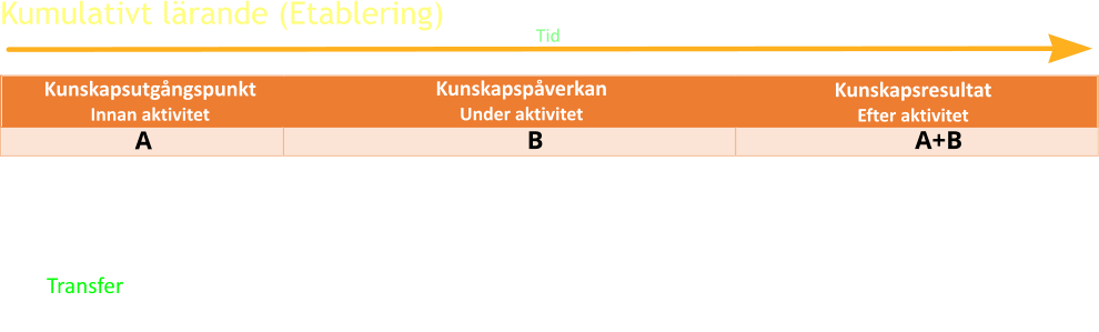 Kumulativt lärande (Etablering) Tid Kunskapsutgångspunkt Innan aktivitet Kunskapspåverkan  Under aktivitet B A Kunskapsresultat  Efter aktivitet A+B •	Där den lärande inte har utvecklat något mentalt schema som omgivningens påverkan kan relateras till. •	När det första elementet etableras i ett nytt schema •	Transfer: utvecklas en begränsad upprepningsorienterad kunskap som kan tillämpas i situationer vilka subjektivt upplevs som likartade den ursprungliga lärosituationen i väsentliga avseenden.